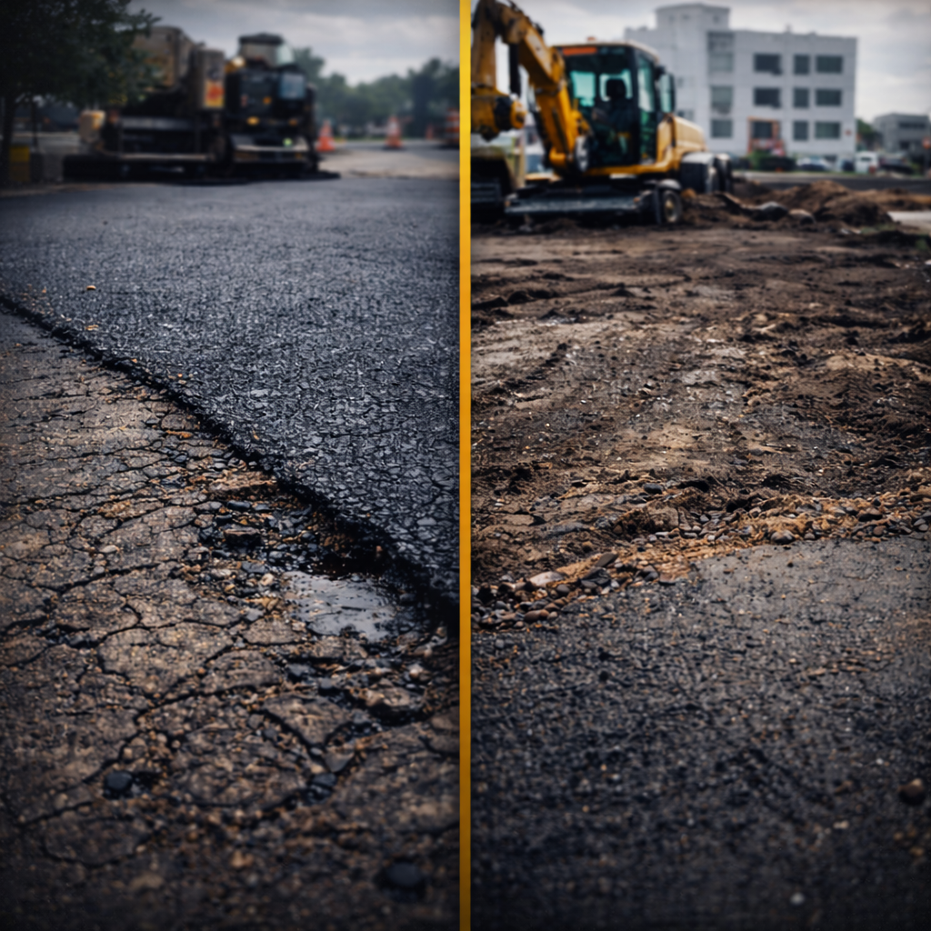 Fresh asphalt repair section in Edmonton parking lot