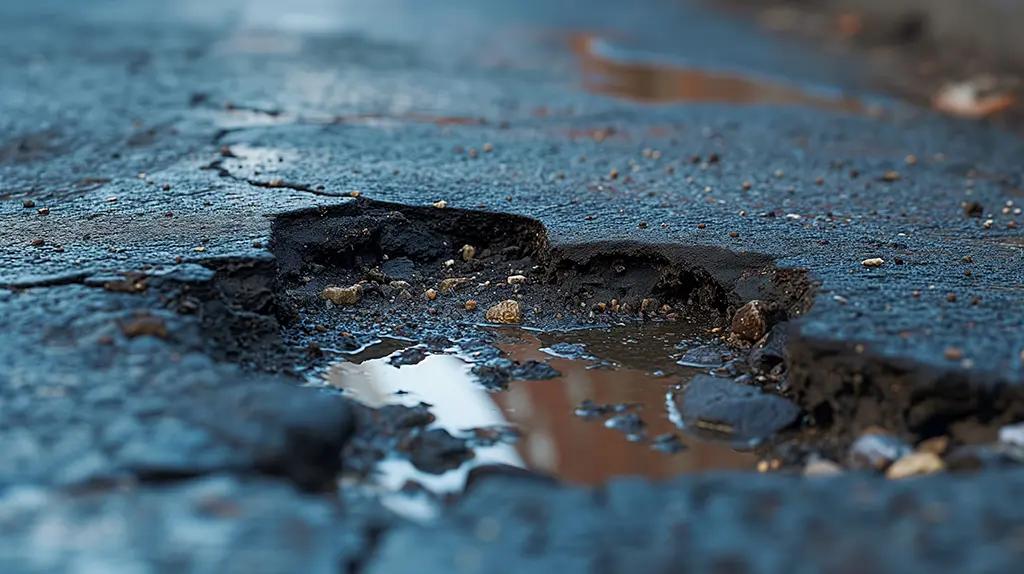 Damaged commercial asphalt in Edmonton with pothole and cracking