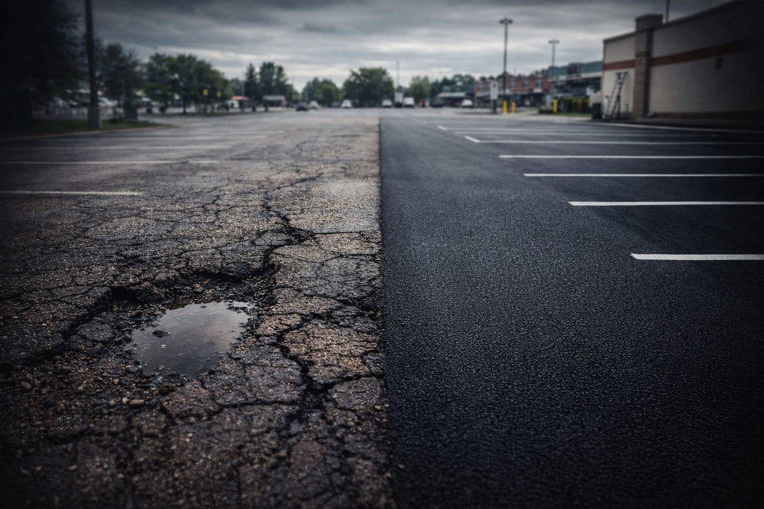 Damaged asphalt in Edmonton parking lot